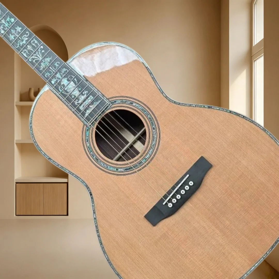 00045 39 Inch OM Style All Solid Acoustic Guitar Cedar Top Rosewood Back Sides Ebony Fingerboard Floral Shell Inlay Guitar