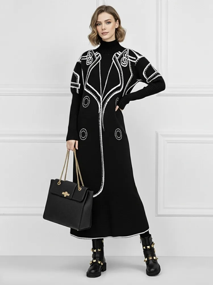 UOOZEE Damenmode Schwarz Weiß Kontrastfarbe Stehkragen Pullover Kleider Lange Ärmel Übergroßes Abend-Midikleid 2026 Neu – Detail 4