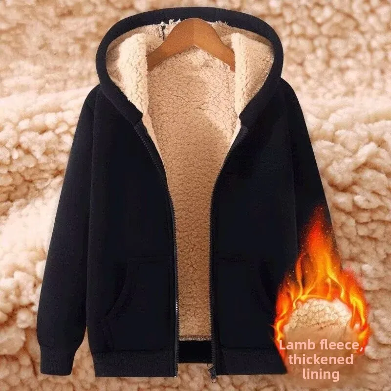 

Women's Thickened Fleece Jacket Loose Fit Hoodie Cardigan for Working Zipper Pocket Long Sleeve Korean Style Autumn Winter