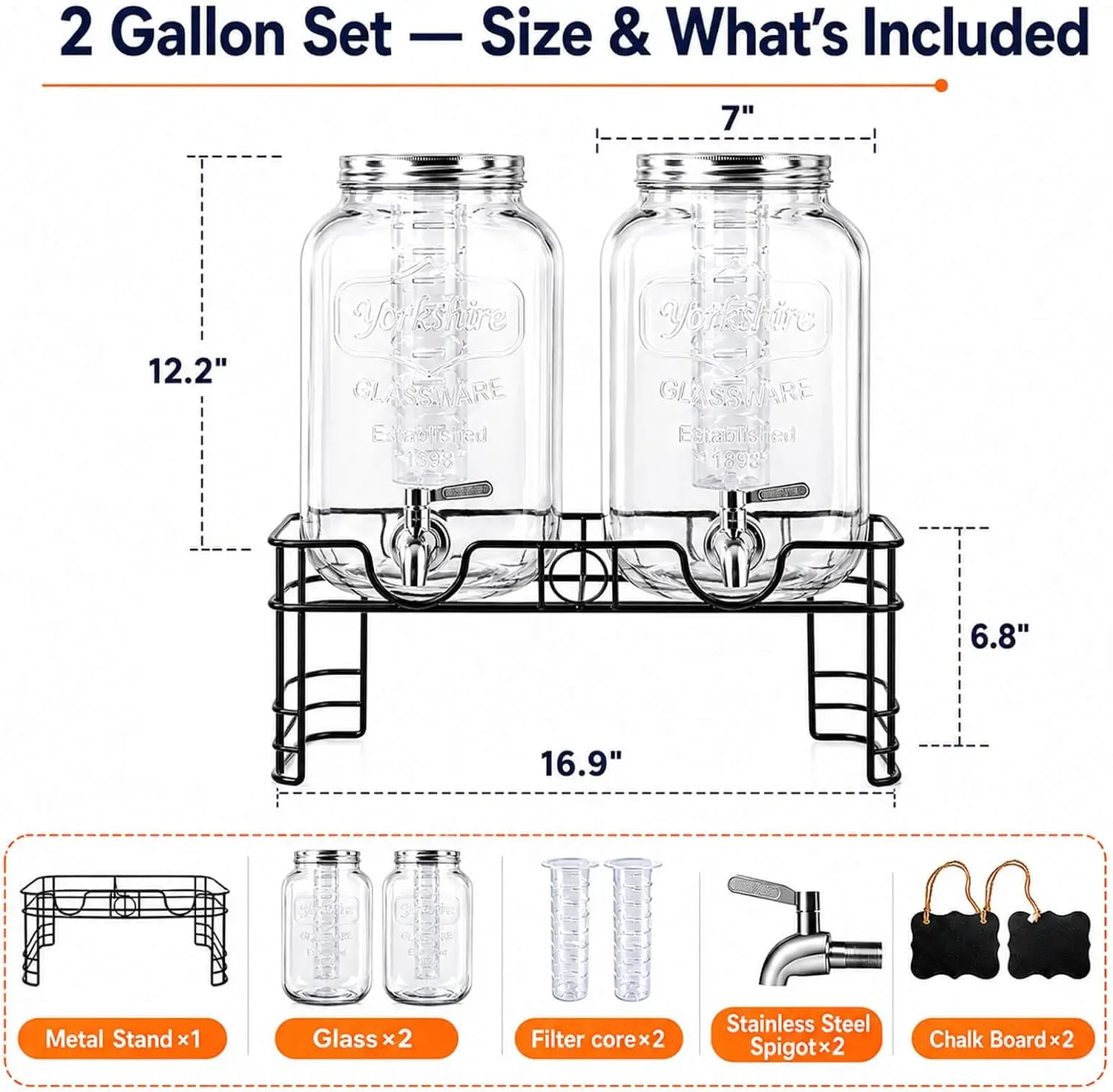 2 Gallon Glass Drink Dispensers for Parties with Stand, 2 Pack