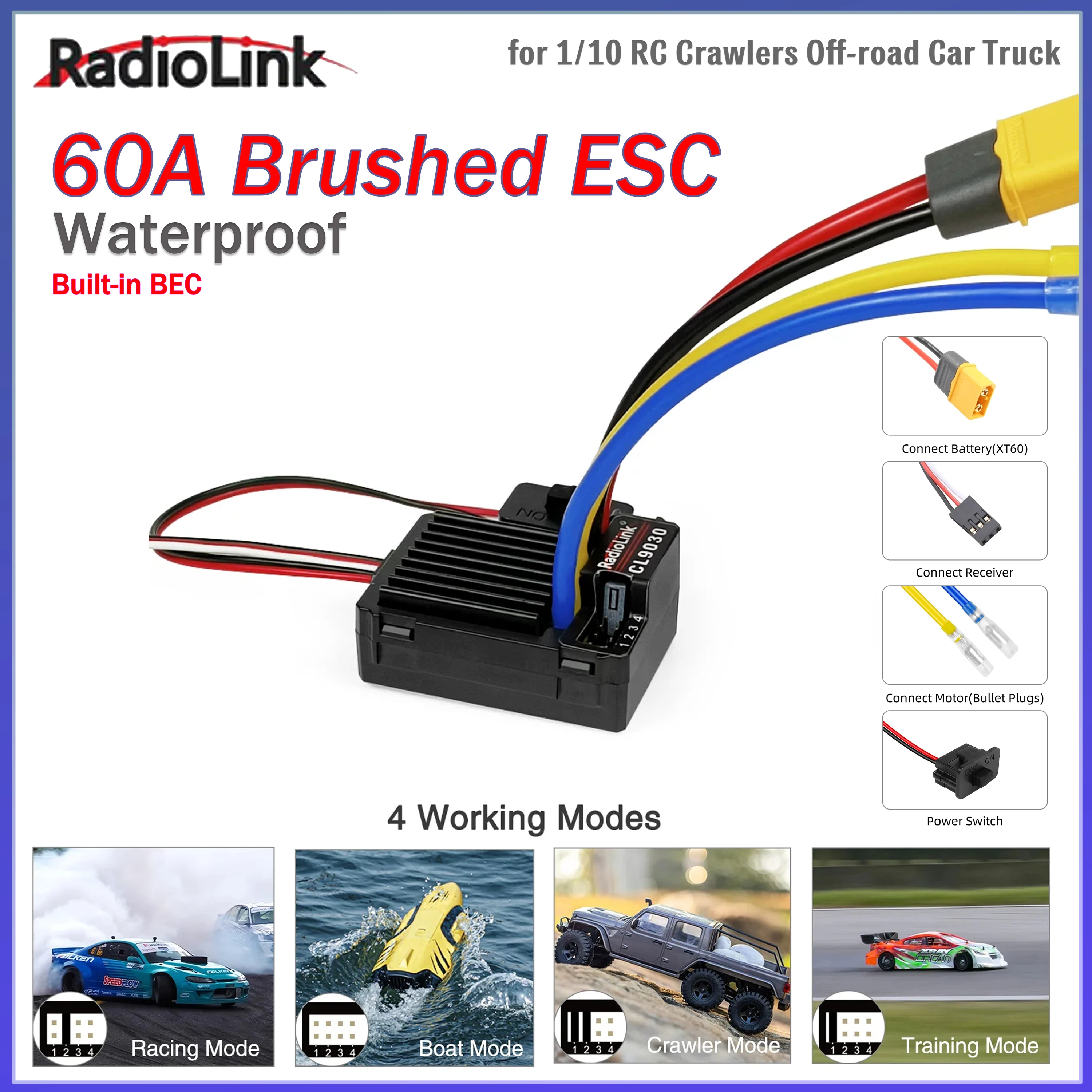 Radiolink Cool 9030 90A Waterproof Brushed ESC 2-4S Speed Controller Built-in BEC5A Selectable 5.5V/7.5V 1/10 RC Truck Tanks Car