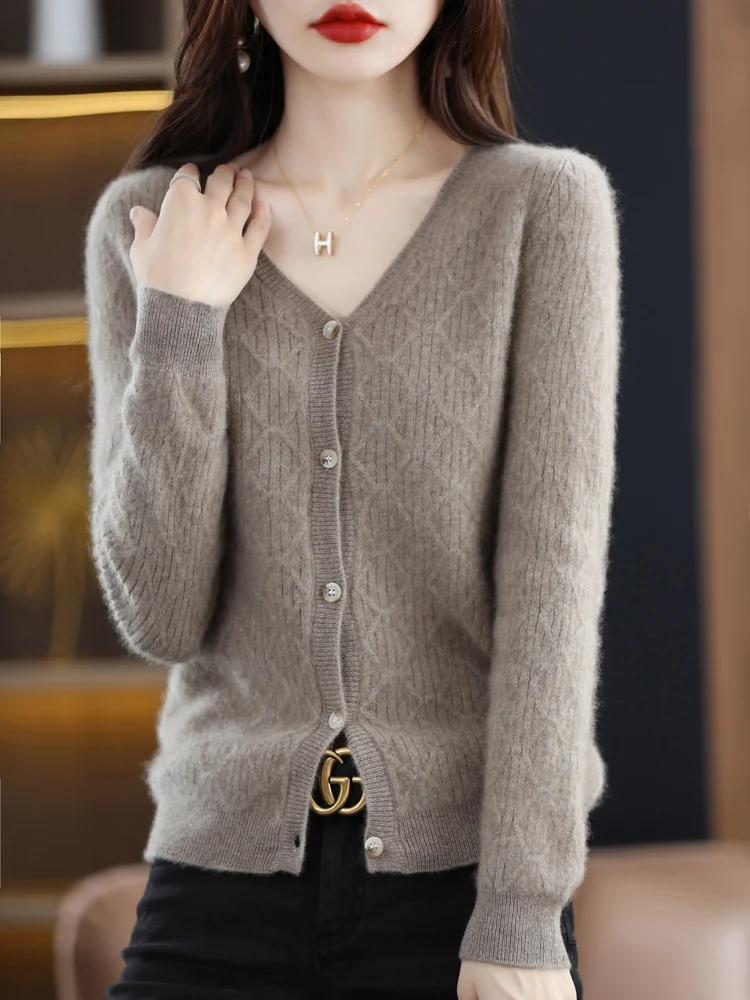 

Classic Women 100% Merino Wool Sweater V-Neck Argyle Knitted Cardigan Autumn Winter Fashion Cashmere Long Sleeve Clothing Tops