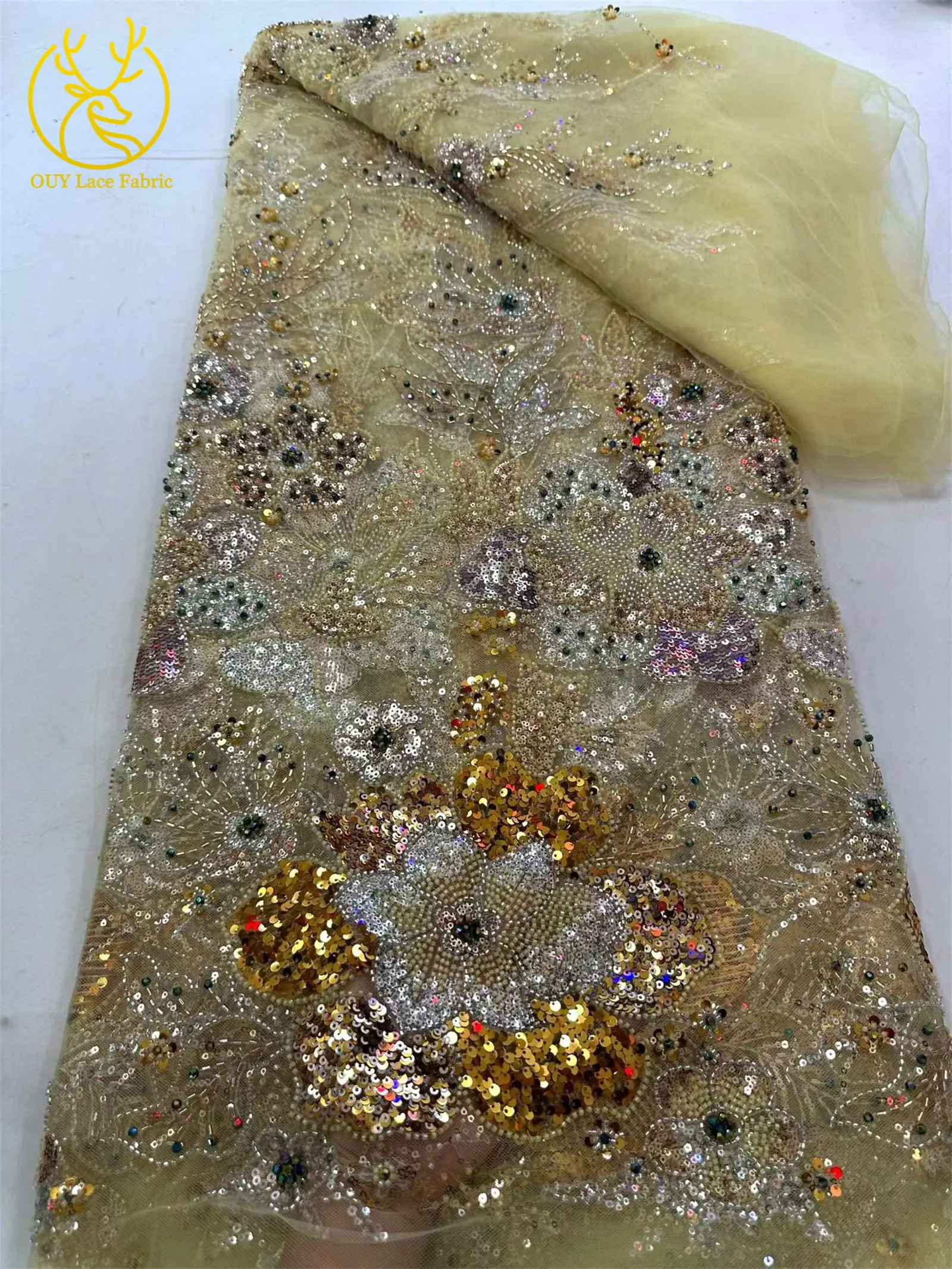 Afrikanischer Brautkleid-Stoff mit Stickerei und Perlen, hochwertiger nigerianischer französischer Pailletten-Tüll-Mesh-Spitzenstoff für Brautkleider – Detail 6