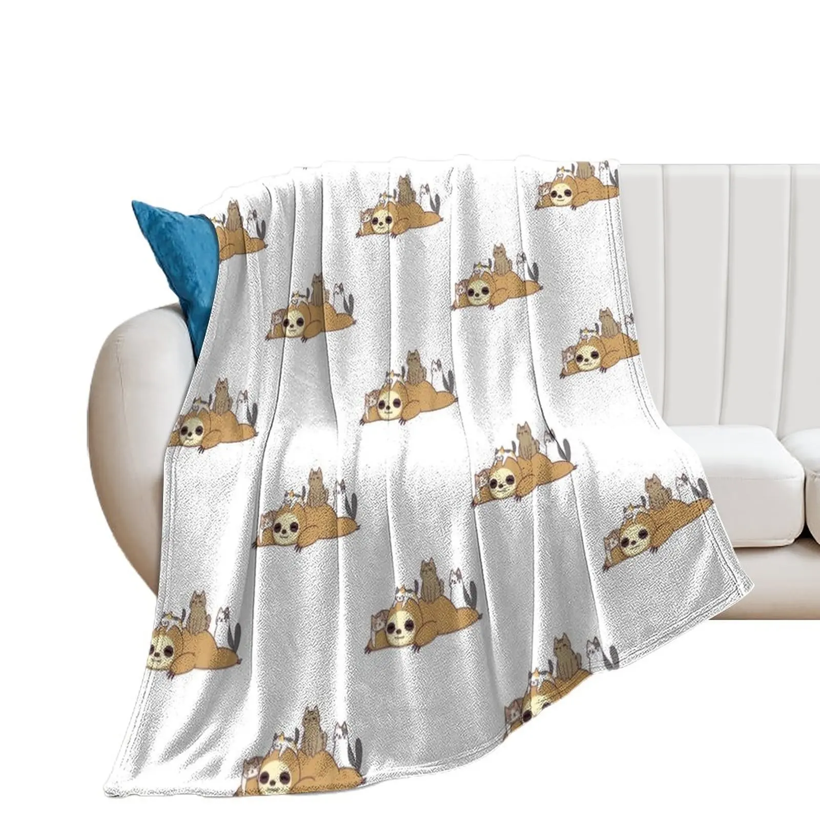 Sloth Stack Loves Kitty Cats Funny Cute Lazy Sloth & Feline Throw Blanket For Decorative Sofa Sofa Blankets