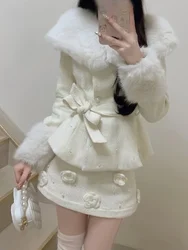 Autumn Winter Sweet Solid 2-piece Set Women France Design Chic Long Sleeve Lace Up Coat Female + High Waist Skirt Suit 2025 New