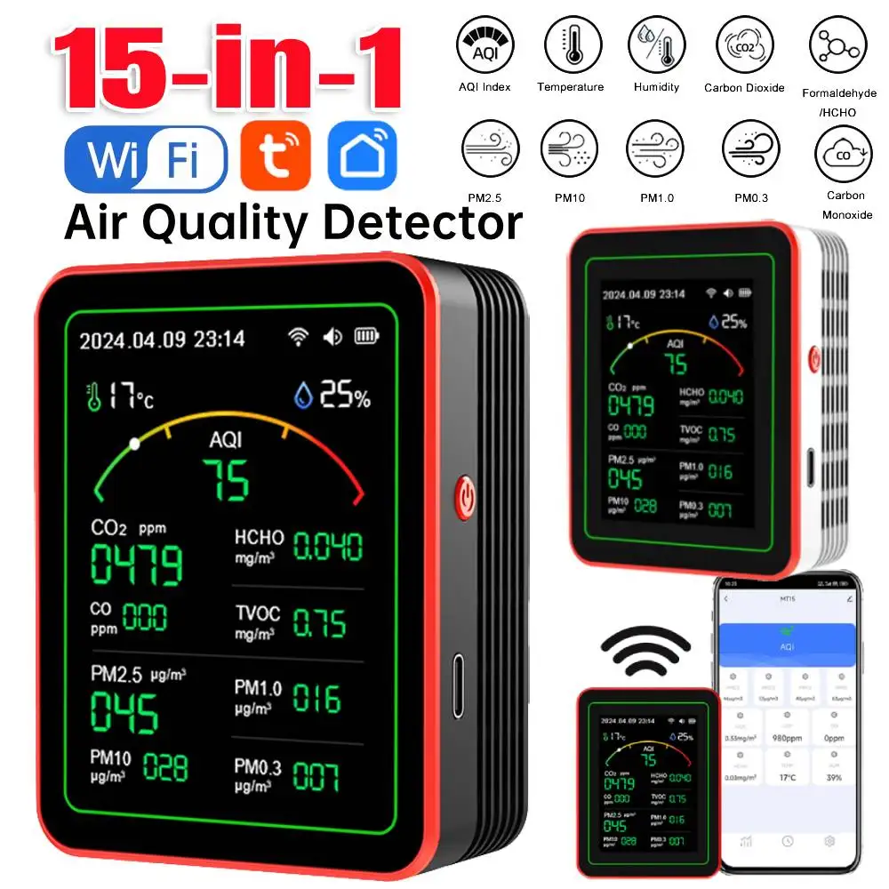 

15 in 1 Tuya WIFI Rechargeable Household Digital Air Quality Detector CO2/CO/TVOC/HCHO/PM2.5/PM1.0/PM10/Temp/Humi for Smart Home