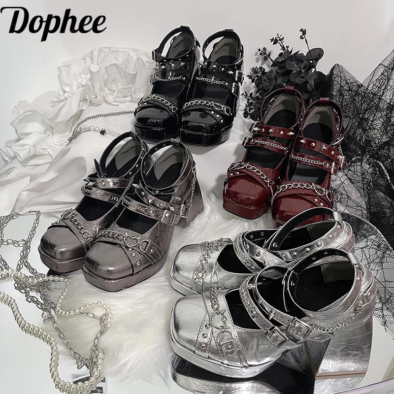 

Dophee Original Women Lolita Shoes Punk Styles Spice Girls Thick Heeled High Heels Gothic Y2k Metal Chain Rivets Mary Jane Shoes