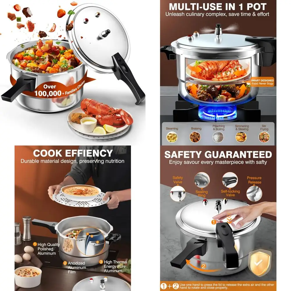 

Aluminum Pressure Cooker 11Qt with Release Valve, Compatible for Gas and Induction, Multiple Safety Features, Pressure Canner Ca