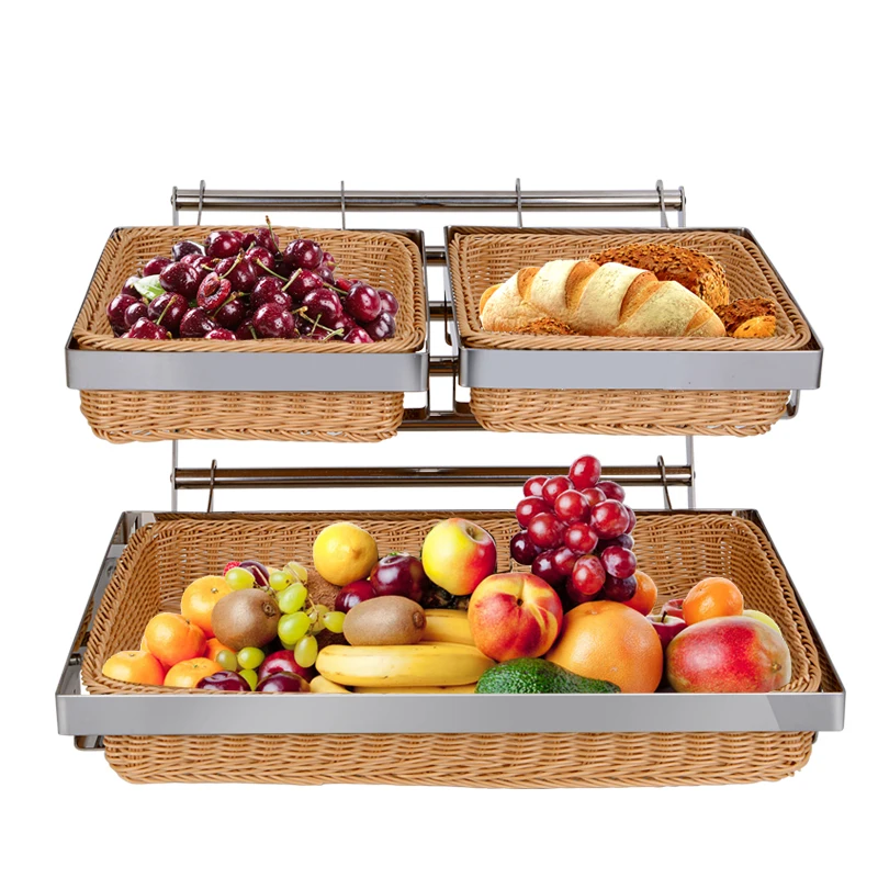 

Hotel Buffet Double Rattan Bread Basket Creative Fruit Cake Dim Sum Food Display Basket Dessert Table Ornament