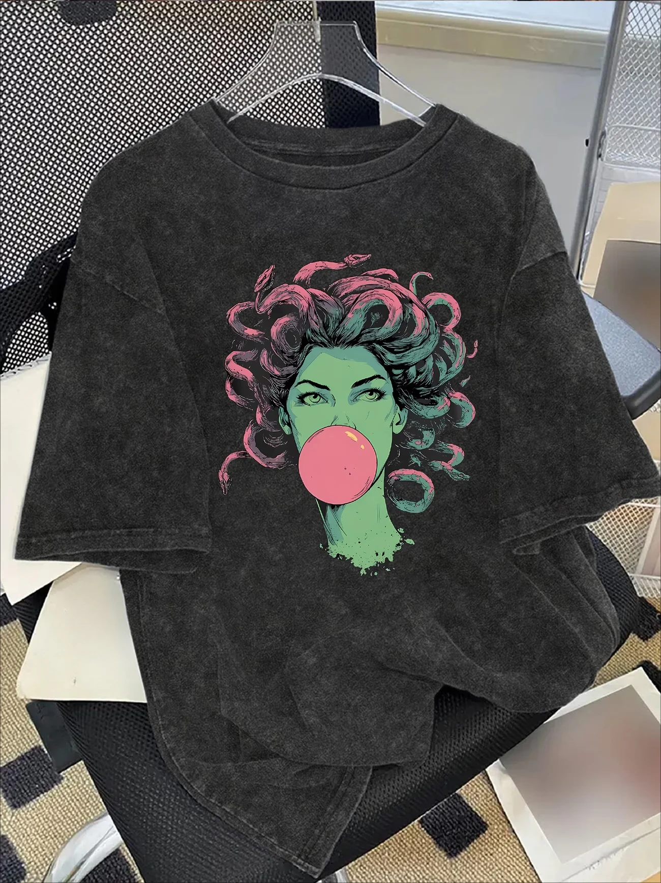 Vintage The Snake-Haired Goddess Medusa Pop Art Dark Academia Washed T Shirt Summer Cotton Men Women Tee Oversized Streetwear