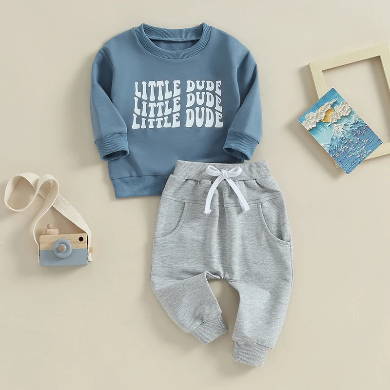 2023-09-09 Lioraitiin 0-3Y Baby Boy 2Pcs Fall Outfits Long Sleeve Letter Print Pullover + Pocket Pants Set Toddler Clothes