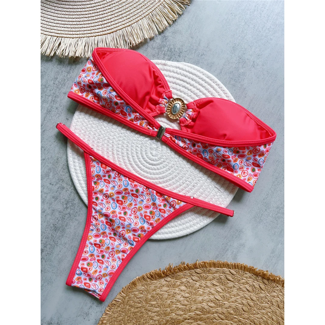 Diamant-Strass-Bedruckter Bandeau-Bikini, Damen-Badeanzug, zweiteiliges Bikini-Set, Badebekleidung, Badeanzug, Schwimmanzug V6166 – Detail 3