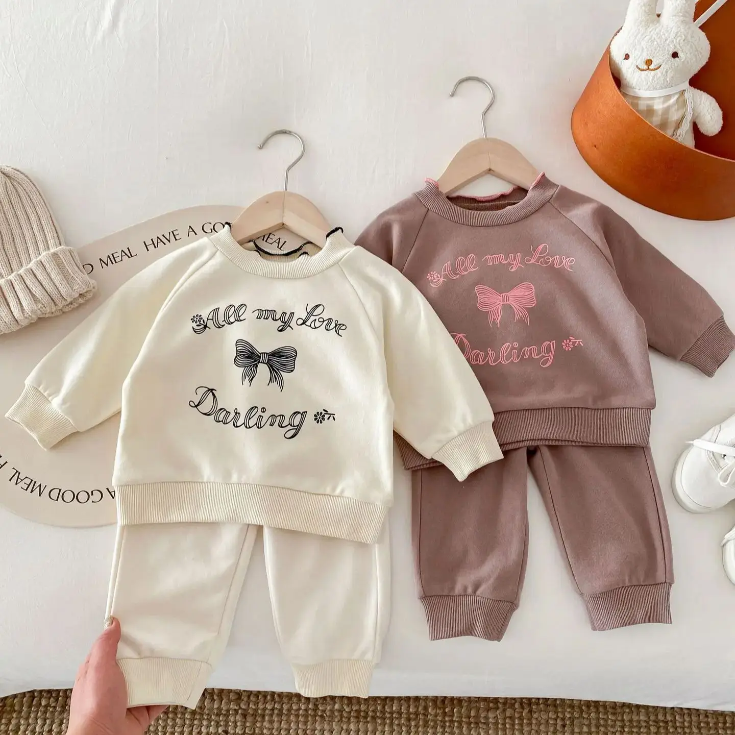 

Cute Baby Girls Clothes Set Bow Print Solid Color Pullover Sweatshirt Pants 2Pcs Suits Toddler Girl Casual Outfits