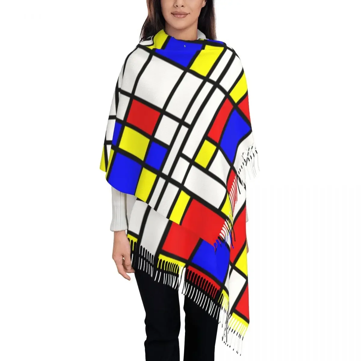 Female Large Color Art Retro Mondrian Scarves Women Winter Fall Thick Warm Tassel Shawl Wrap Piet Abstract  Plaid Scarf