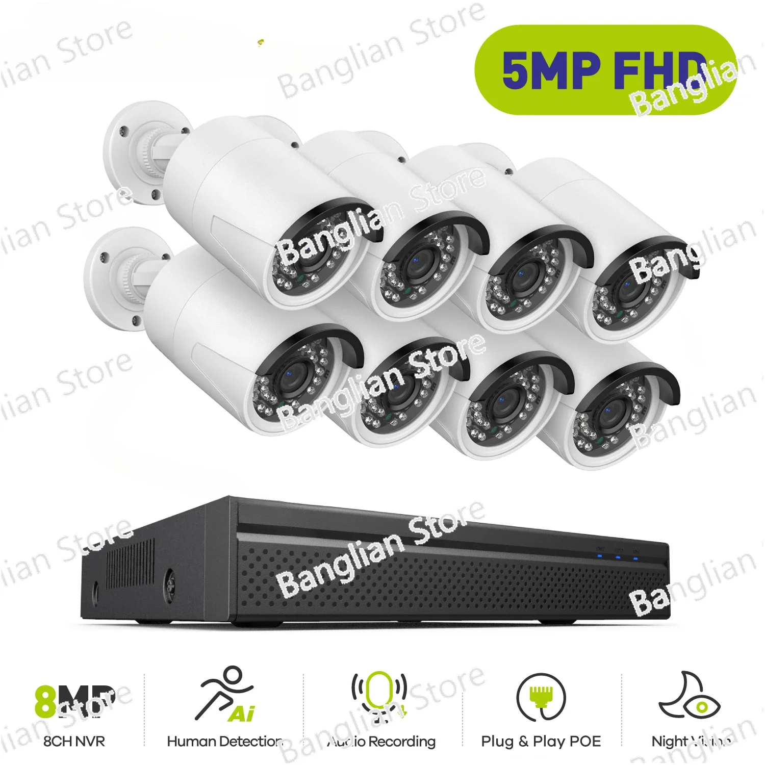 Video Surveillance Camera System 8CH H.264+8MP NVR Recorder 5MP Security Camera Audio Recording POE IP Camera