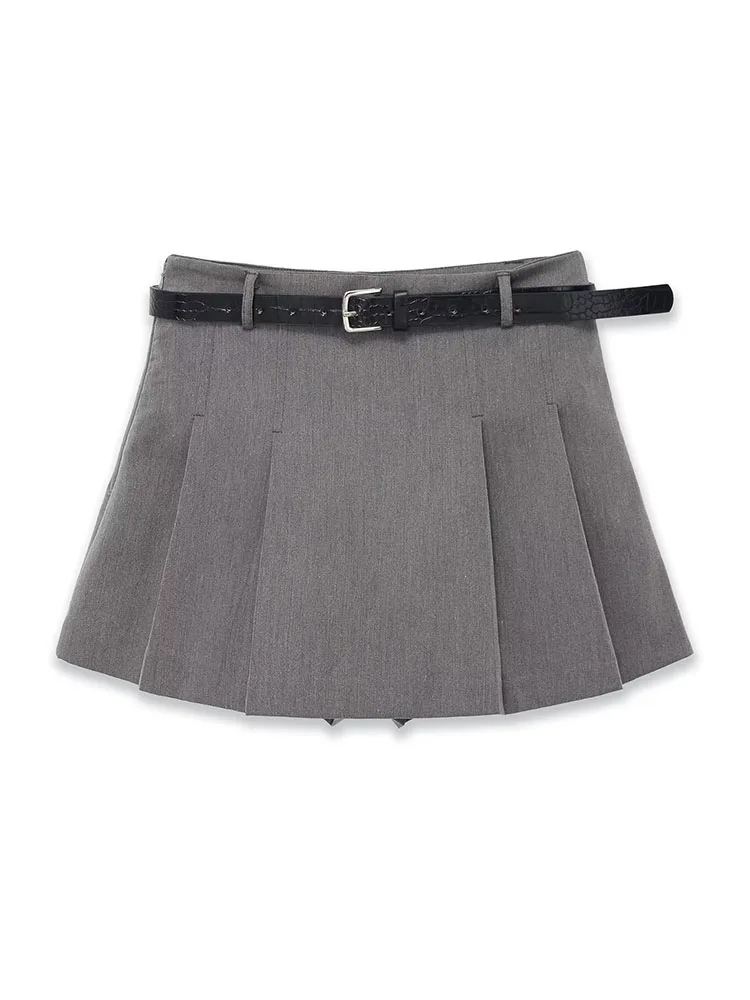 HH Women's Fashion Versatile Mid-Waist Pleated Culottes With Belt Female Temperament High Street Casual Zipper Short Skirt Mujer