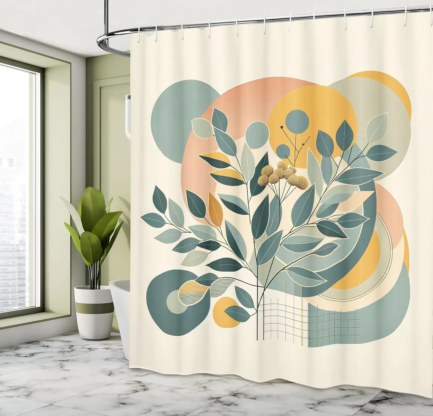 

Занавеска для душа с листьями эвкалипта, современная геометрическая природа, бохо середины века с персиковыми деталями, тканевая ткань для ванной комнаты
