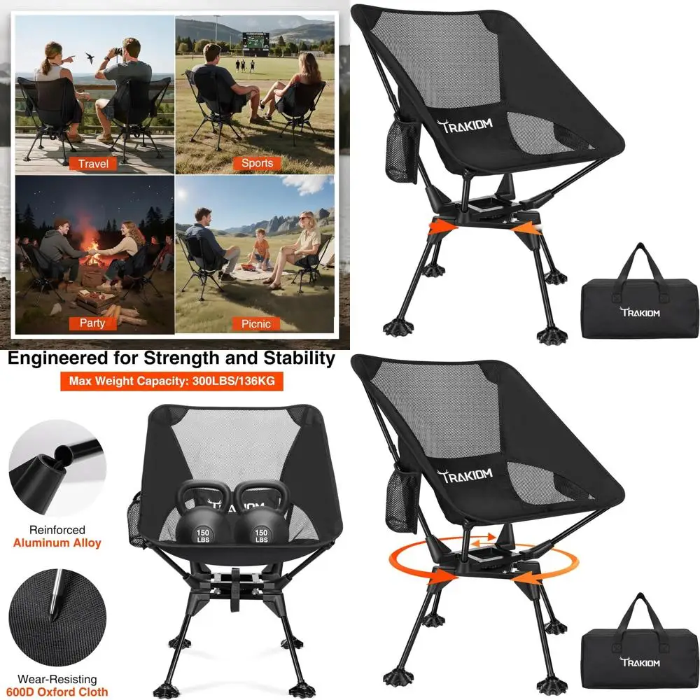

360° Swivel Folding Camping Chairs, Compact and Portable Chair for Outdoor Camp, Foldable Chairs with Anti-Sinking Large Feet fo