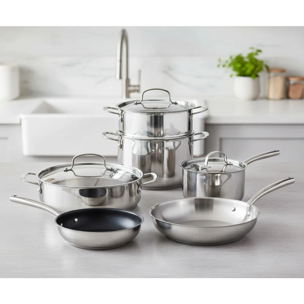 

12-Piece Stainless Steel Cookware Set with Tri-Ply Base for Even Heating, Durable Dishwasher Safe Pots and Pans