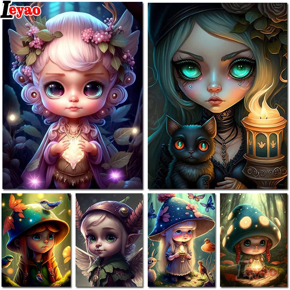 Diamond Art Big Eyes Girl Fairy 5D Full Square Round Mosaic Forest Mushroom Elf New 2023 Diamond Painting Portrait Child Hobby