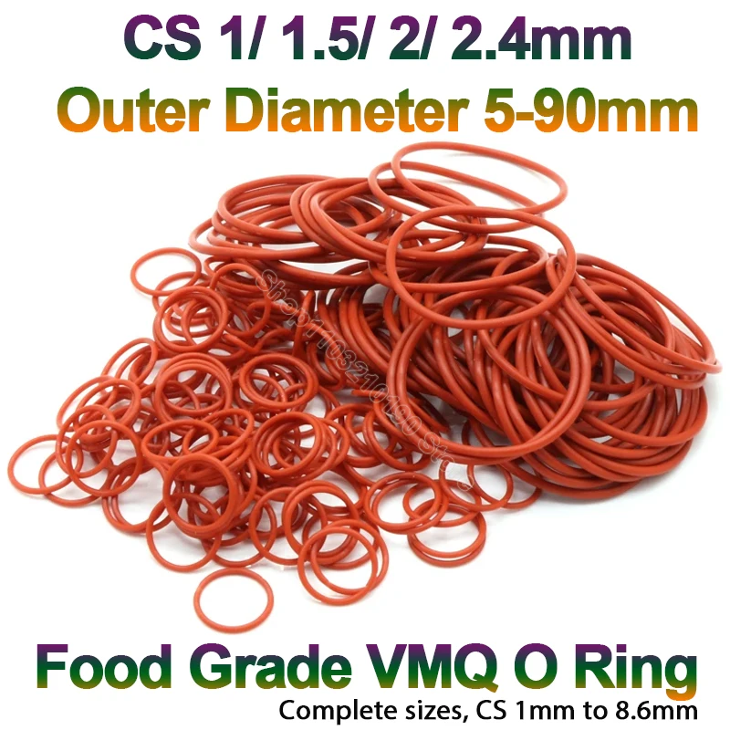 Silicone Rubber O Ring Sealing Washer CS 1/1.5/2/2.4mm Red Food Grade VMQ O-ring Plumbing Gaskets Oil Resistant Rings OD 5-90mm