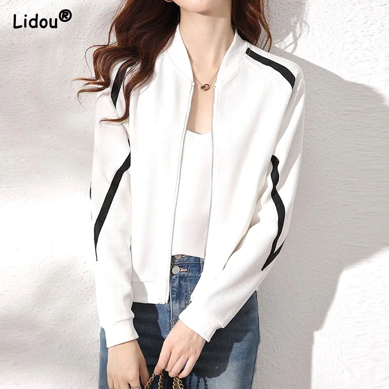 Women\'s Clothing Slim Streetwear Jackets Zippe Coats Pockets Stand Tops Office Lady Simple Leisure Sports Splicing Simple