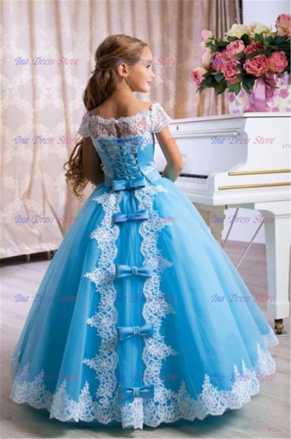 Elegant Flower Girl Dress Blue Tulle Lace Printing Princess Ball First Communion Gowns Kids Birthday Party Ball Evening Dresses