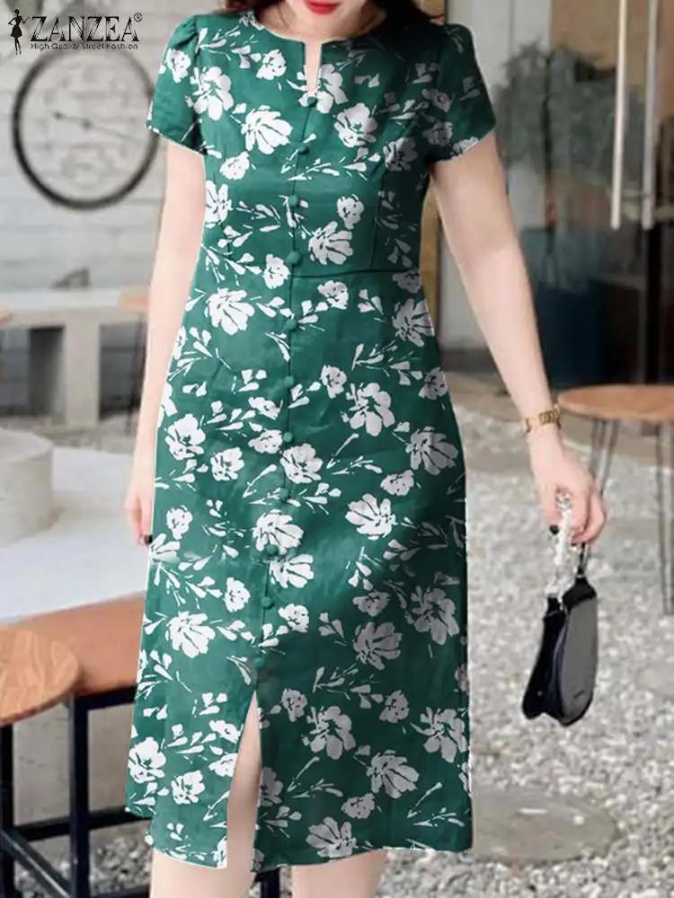 ZANZEA-vestido Midi Vintage con botones para mujer, ropa holgada con estampado Floral, estilo bohemio a la moda para vacaciones de verano, 2024