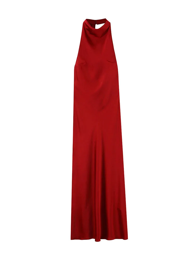 HH Woman Spring Fashion Sleeveless Sexy Backless Halter Collar Silk Satin Texture Long Dress Female Elegant Chic Banquet Dress