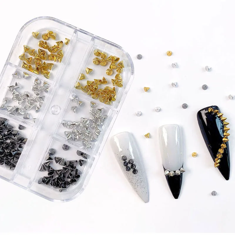 6-Grid Punk Style Nail Art Accessories Gold Silver Rivets Metal Sequins Mix Match DIY Special-Shaped Nail Patches Decorations