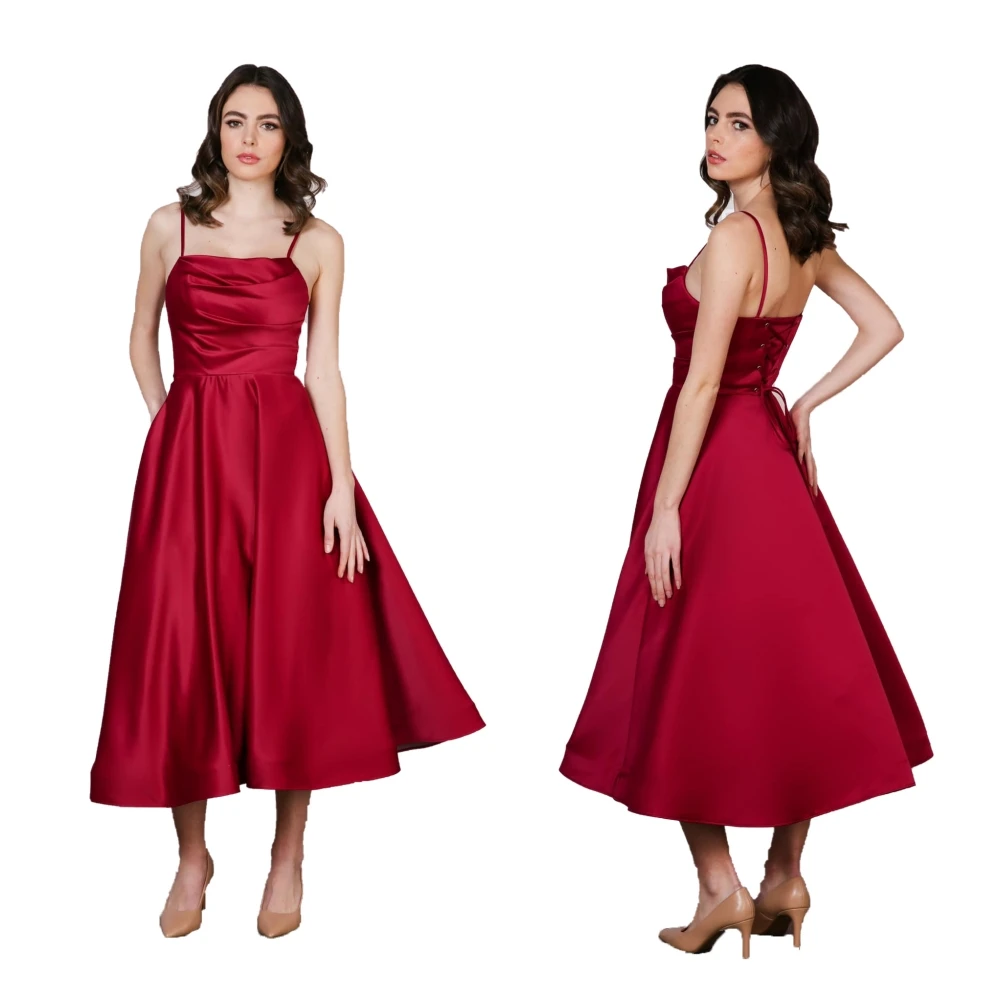 

Tea-Length Plum Bridesmaid Dress 2023 A-Line Spaghetti Neck Elegant Lady Formal Party Cocktail Black-Tie Gala Hoco Gown Corset