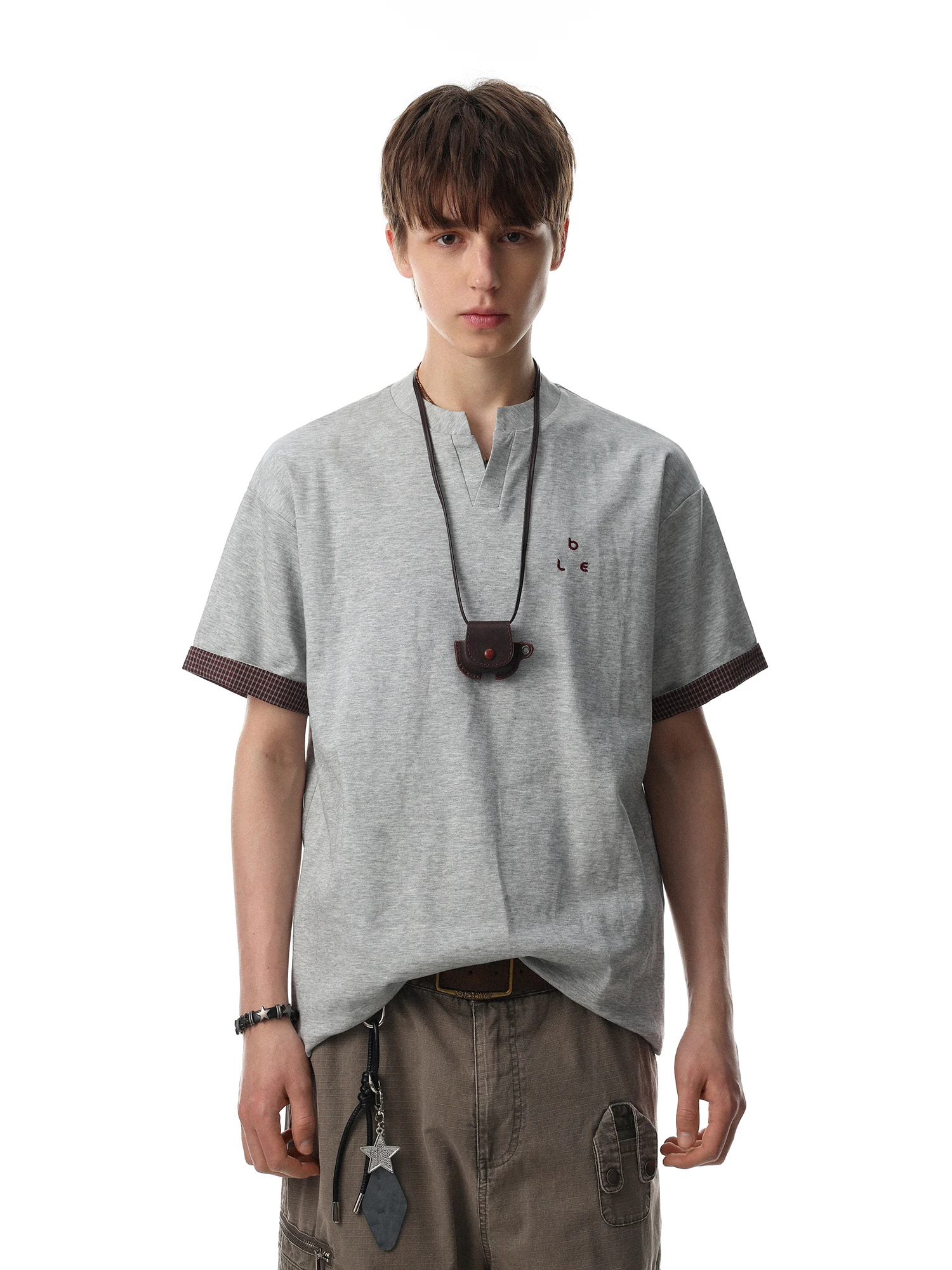 MRNEARLY American Retro Casual Embroidered Short Sleeve T-Shirt Men's Loose Design Grid Flip  Trendy Top Casual Style