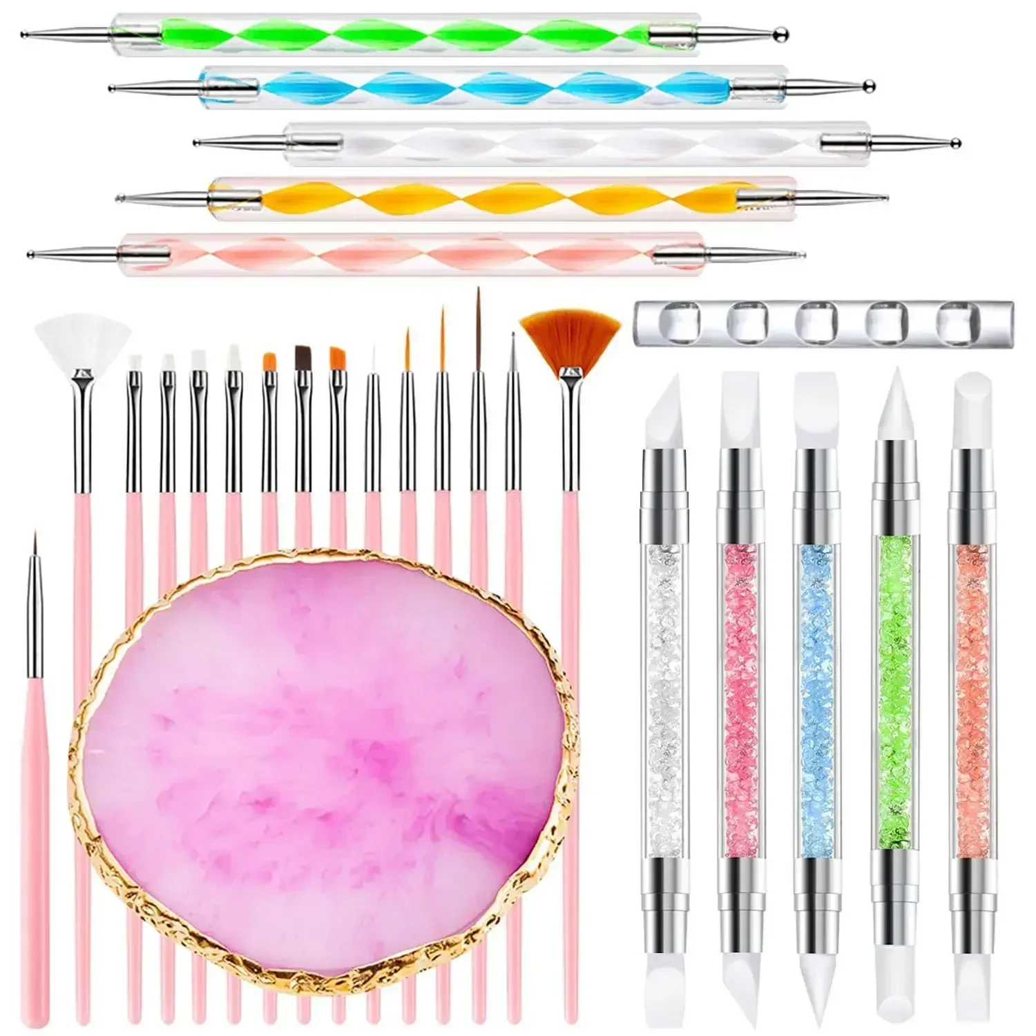 DIY-Nagelkunst-Pinselset mit Harzpalette, Schnitzpinseln, Punktierstiften und Acrylhalter – Komplettes Maniküre-Werkzeugset für den Heimgebrauch