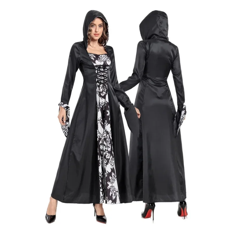 HN8 Renaissance Vampire Wizard Witch Cosplay Costume Long Sleeves Tie Waist Hooded Print Dress Vintage Medieval Palace Costu8…Gf