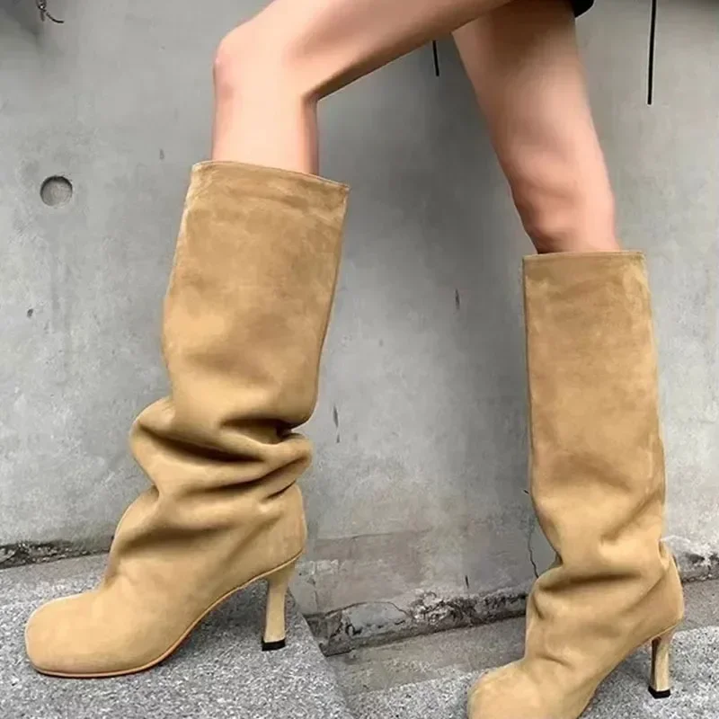 Botas hasta la rodilla de pierna recta Simple de gamuza de tacón alto europeo y americano, botas de manga de retazos de punta cuadrada para mujer