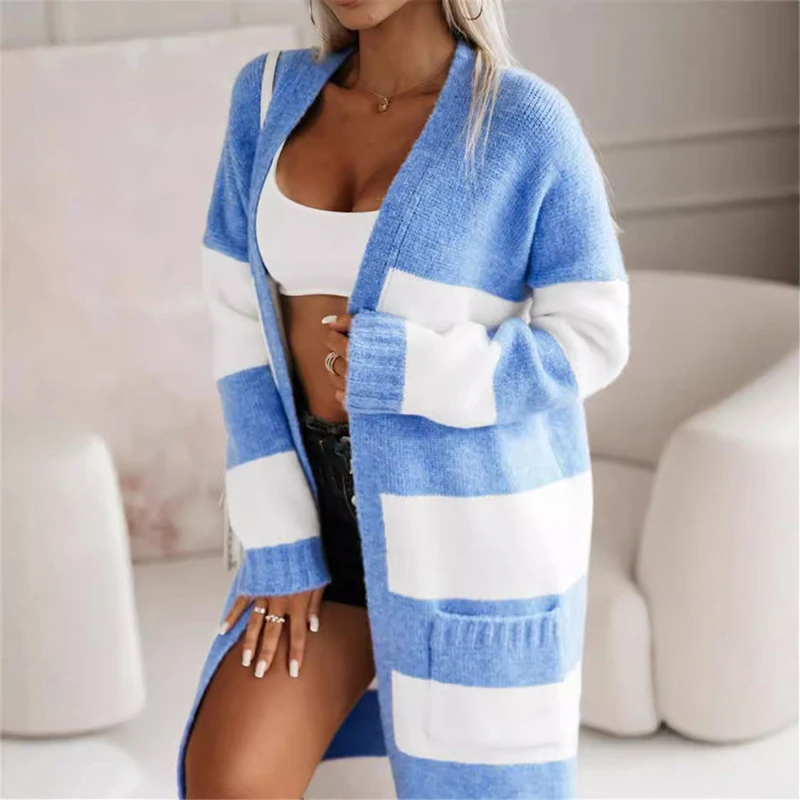 

Autumn 2024 Thickness Long Sleeve Knit Outwear Women Elegant V-neck Long jacket Lady Winter Striped Stitch Furry Sweater Coats