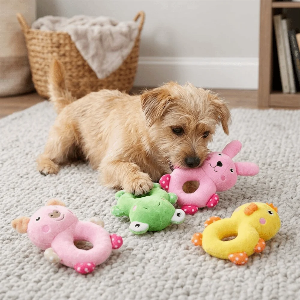 Picture 6: Soft Fabric Dog Ring Round Ring Shape Built In Squeaker Puppy Teething Multi Bright Shades Stitched Solid Build