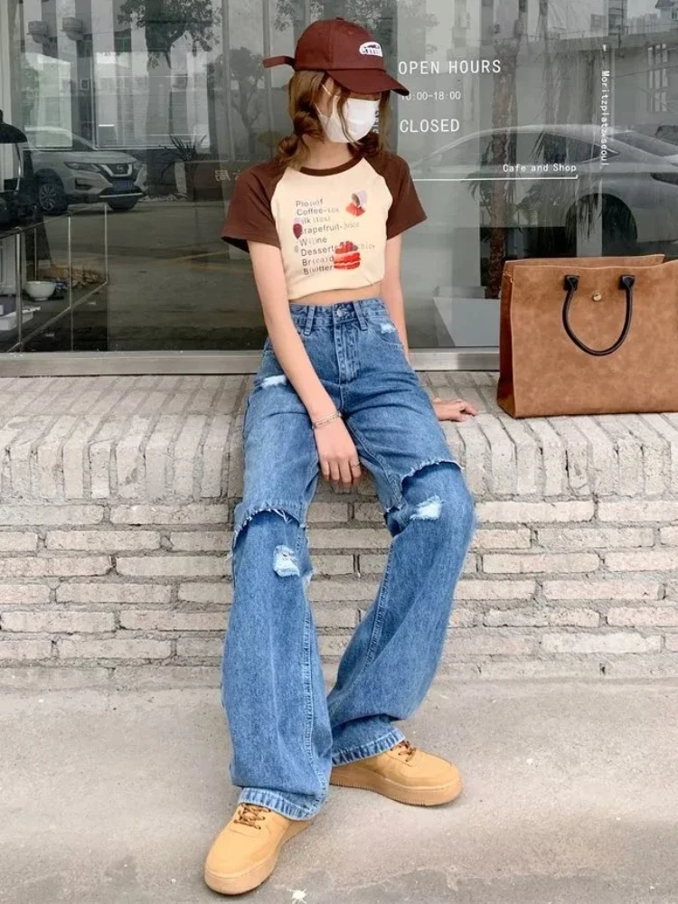 Baggy-Jeans für Damen, zerrissen, Denim, blau, schick, trendig, Allgleiches, volle Länge, College-Teenager, High Street, Harajuku, weites Bein, Sommerhose