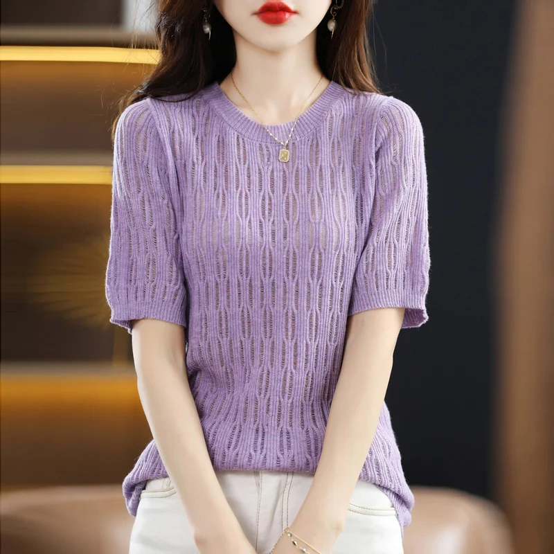 Women's Wool Knitted Sweater Short-Sleeved T-Shirt 2022 Summer New Hollow Half-Sleeve Simple Fashion Solid Color Round Neck Base