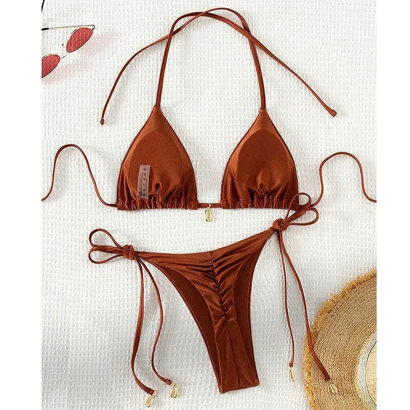 เซ็กซี่ Halter ชุดบิกินี่สีทึบชุดว่ายน้ําสตรี 2 ชิ้นสามเหลี่ยมชุดว่ายน้ําชุดว่ายน้ําฤดูร้อนบราซิล Biquinis