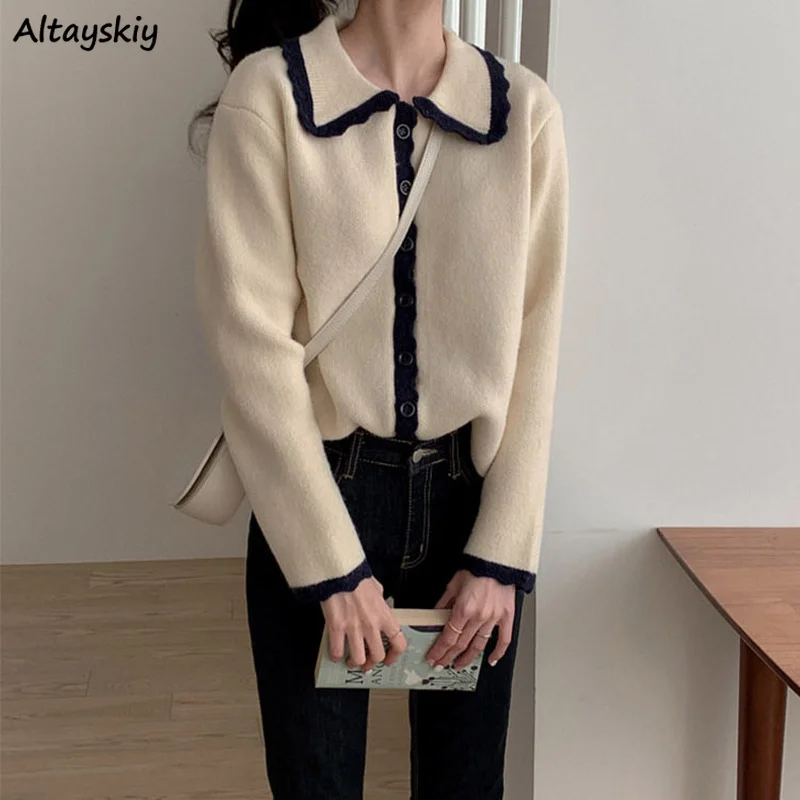 

Cardigans Women Sweaters Turn-down Collar Preppy Casual All-match Knitting Spring Fall Design Patchwork Kawaii Student Ins New