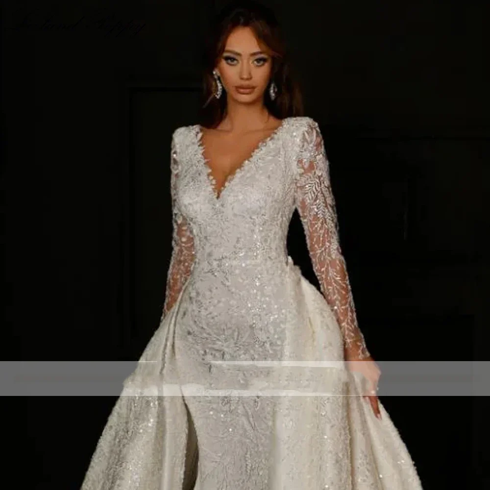 Flavinke Индивидуальные Charmin V-образным вырезом Кружевные свадебные платья русалки с длинными рукавами и бисером Свадебные платья из 2 предметов со съемным шлейфом