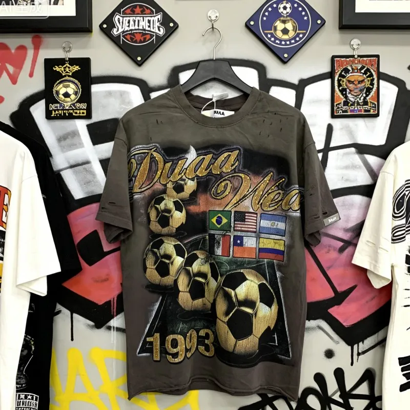 Summer DUAA Tshirt Vintage Washed Worn Cut Torn Hot Drill Letter Football Flag Graffiti Pattern Hiphop Streetwear Tops Men Women