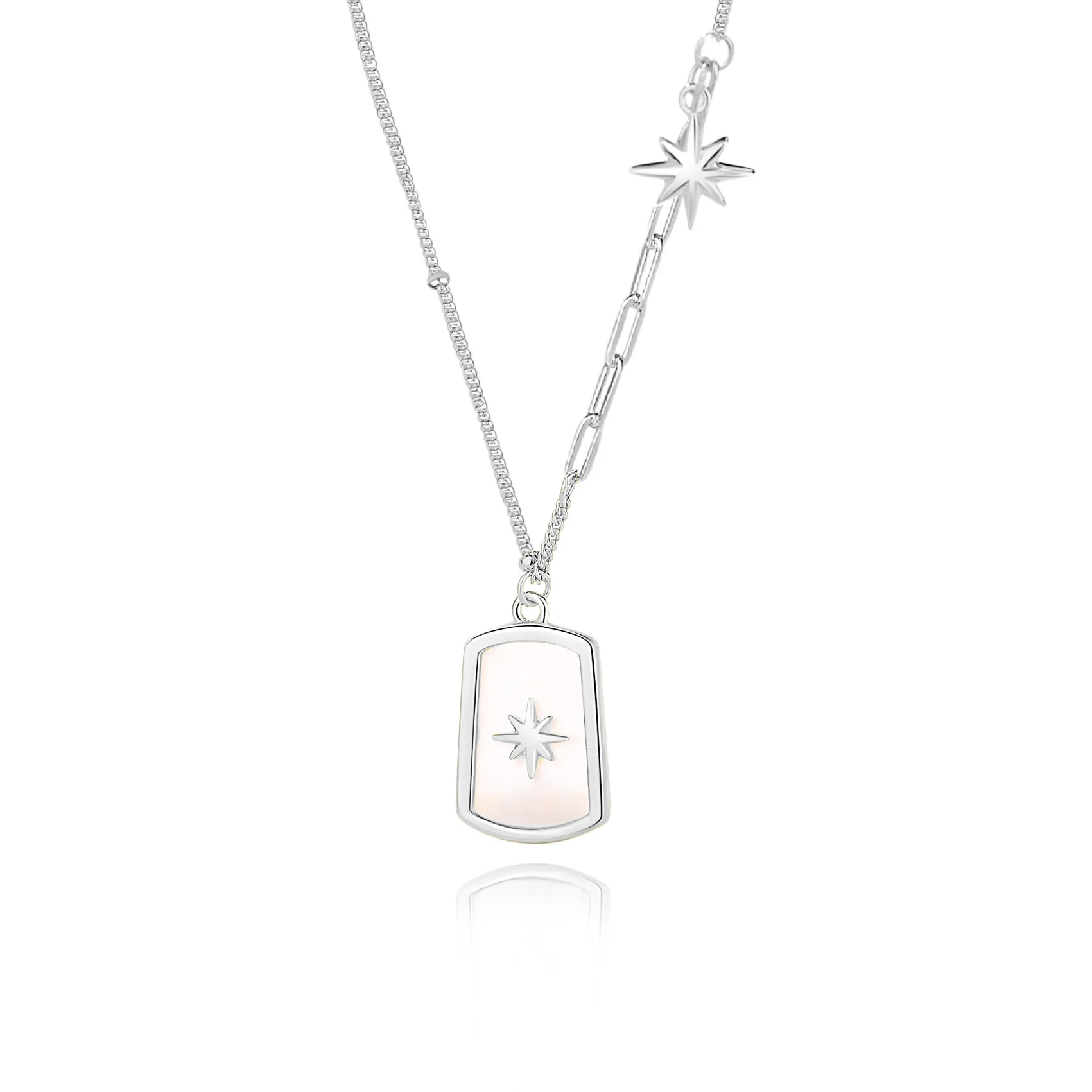 

Retro Cold Wind Temperament S925 Silver Star Mang Square Shield Beaded Necklace for Women