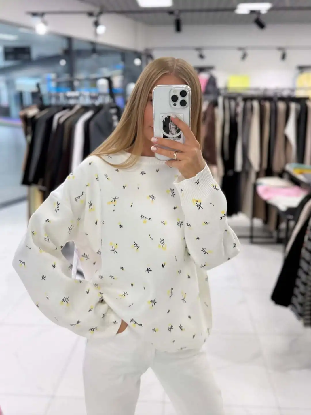 Suéter pulôver feminino com gola redonda, camada interna de outono e inverno, solto, casual, versátil, pequeno, floral, malhas de manga comprida