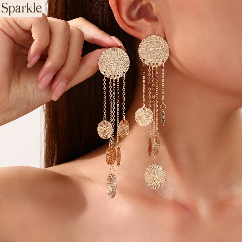 

Glam Disc Tassel Drop Earrings for Women Symmetrical Layered Chain Fringe Earrings Luxury Dangle Earrings Fashion Party Jewelry