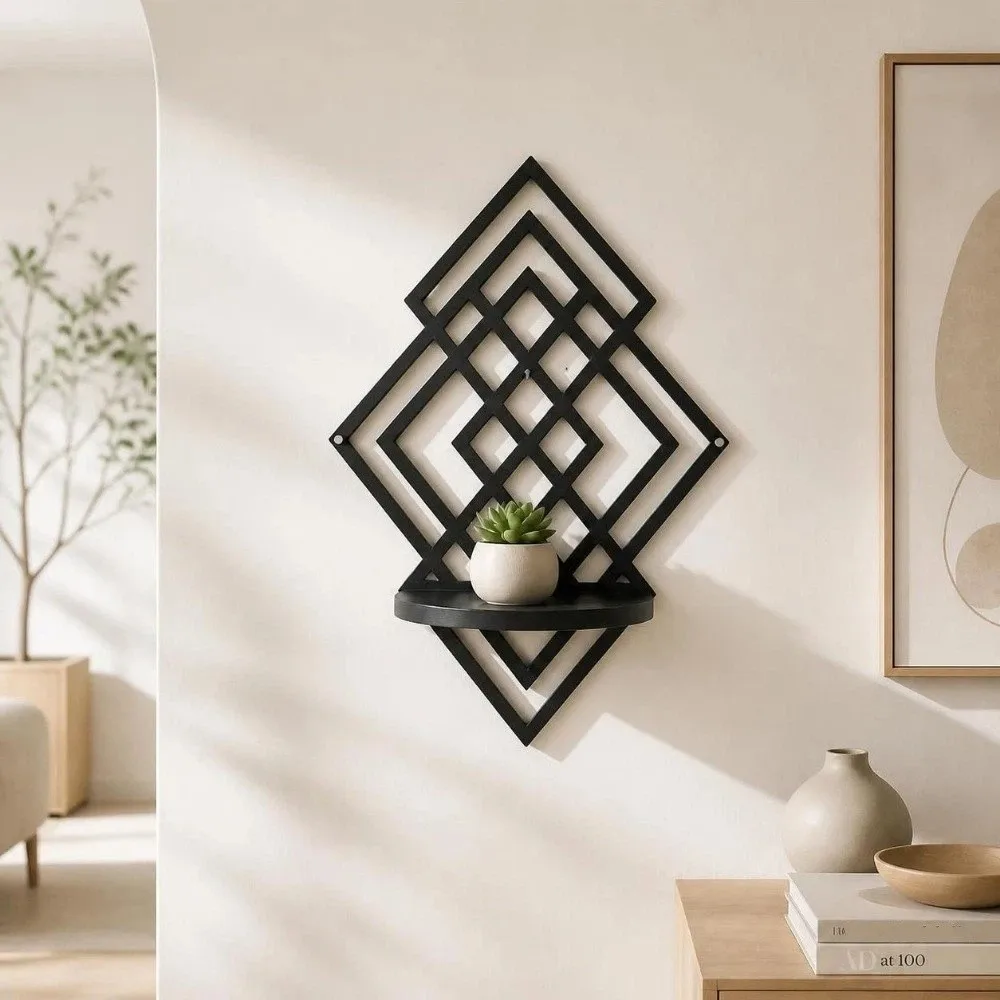 Wooden Wall Mounted Decorative Shelf Hollow Out Geometric Wall Storage Rack Hanging Floating Home Decoration Wall Display Stand
