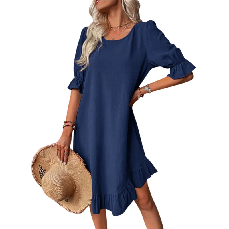 ABRT-Abito corto da spiaggia con volant e maniche a sbuffo, grembiule, girocollo, ampio e increspato