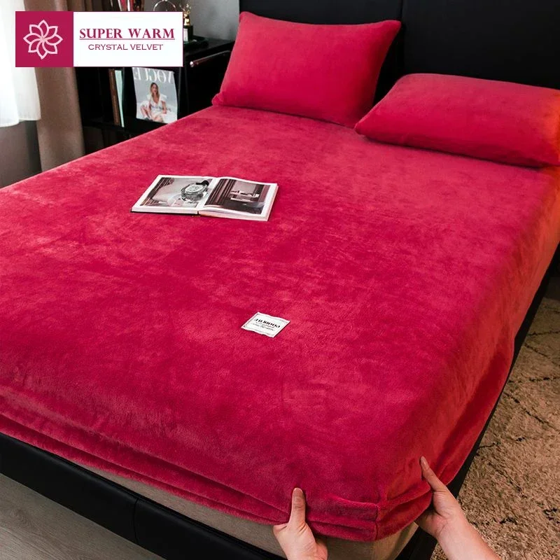 Weiche Warme Plüsch Spannbettlaken Elastische Matratzenbezug Flauschigen Korallen Fleece Bettwäsche Winter Paar Luxus Doppelbett Bettwäsche
