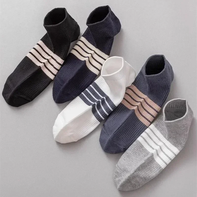 5 Pairs Low Cut No-Show Men's Socks, Black Ankle Socks For Men, Knit Fabric, Outdoor Use, Athletic Socks For Men ﻿